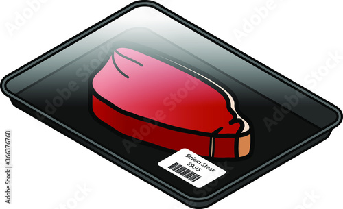 A cellophane-wrapped tray containing a sirloin steak.