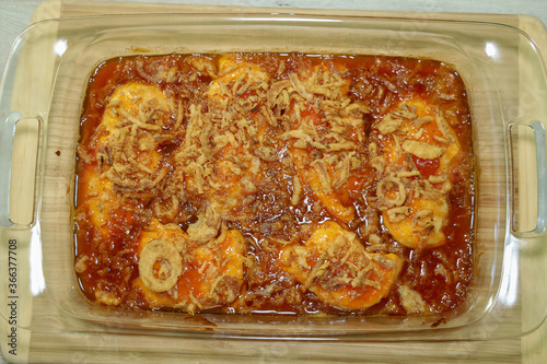 Top view of an apricot chicken casserole.