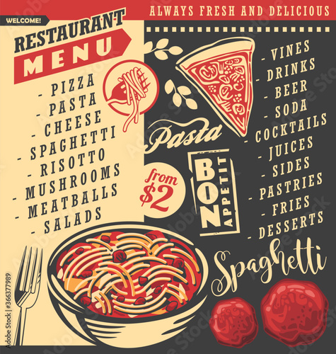 Diner menu with spaghetti dish, pizza pie, meatballs and fork. Restaurant menu blackboard design. Food and drink theme.