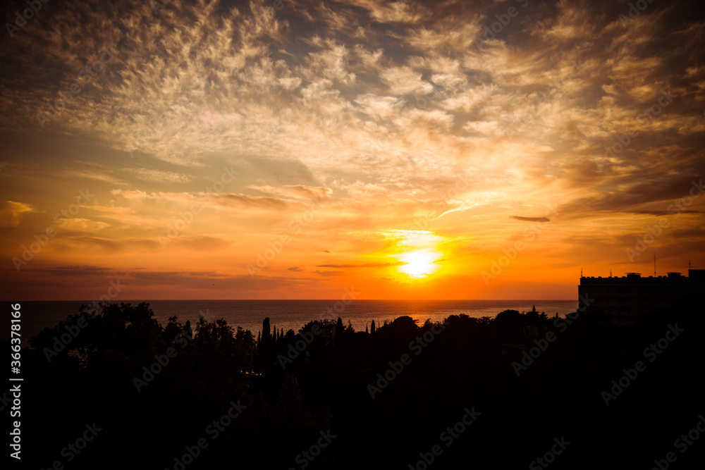 beautiful sunset, summer on the black sea, view from the summer cafe