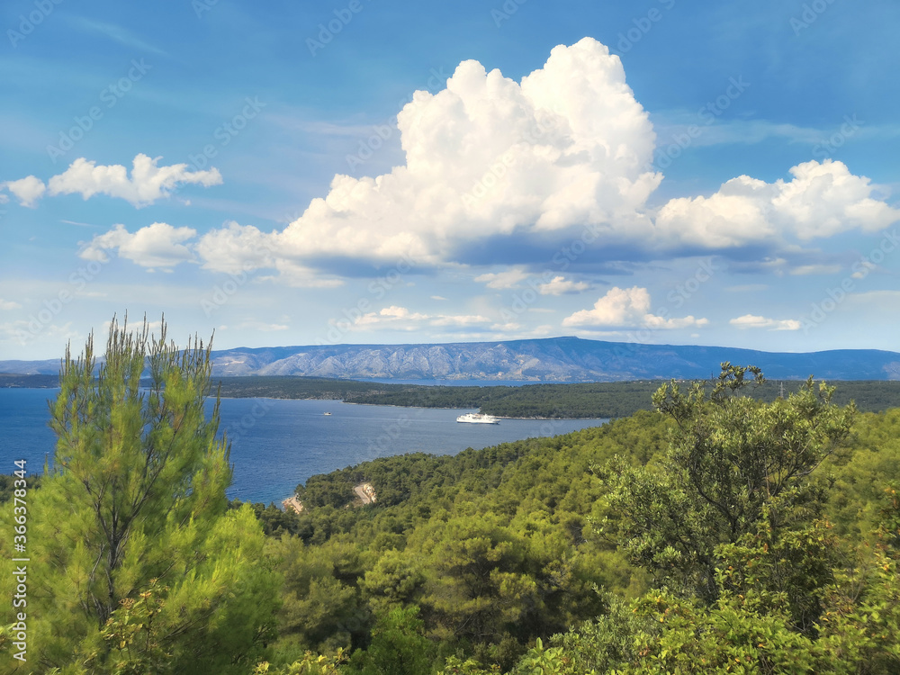 Hvar island in Croatia. Bird view from the mountain. Pine forest, Adriatic sea and a passenger ferry boat