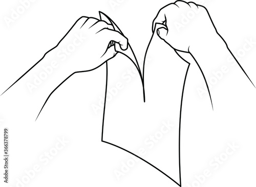 Hands tearing a piece of paper. Line art.