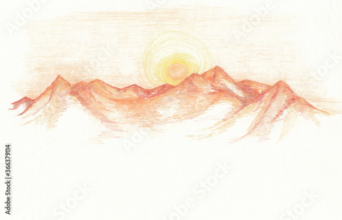 Sunset over mountains and dunes, hand drawn pencil colorful illustration. Landscape view, sunrise in desert