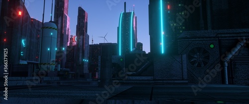 Night city lights. Industrial street in a futuristic city. Huge futuristic buildings against sunset sky. Evevning scene with neon lights. Cyberpunk wallpaper. Urban landscape. 3D illustration. photo