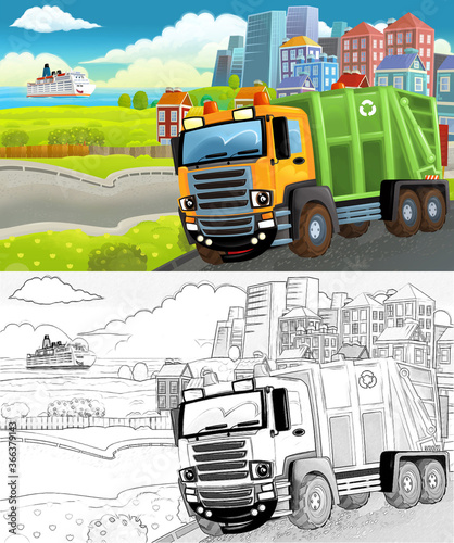 Fototapeta Naklejka Na Ścianę i Meble -  cartoon scene with sketch of the middle of a city with car driving by - illustration