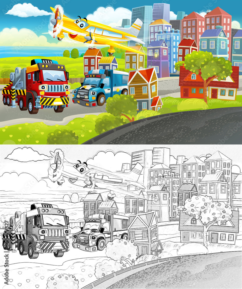 cartoon scene with sketch of the middle of a city with car driving by - illustration