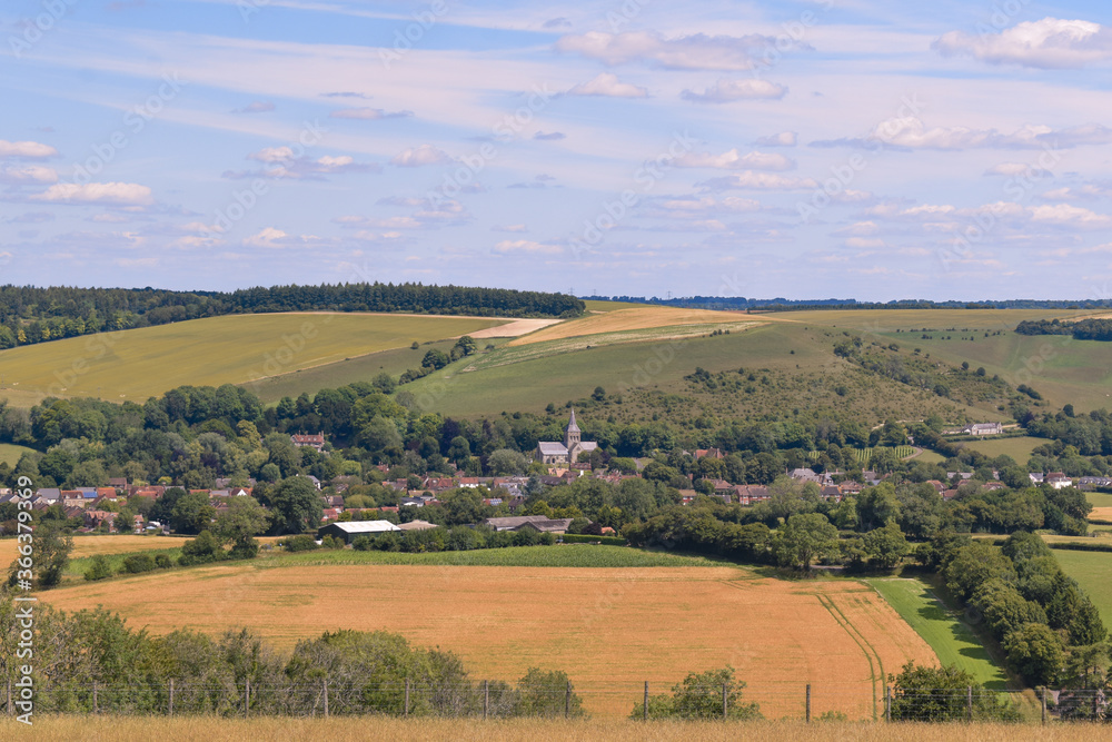 Countryside Summers View on a Hill Looking at a Village 