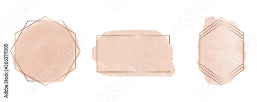Nude brush stroke watercolor with geometric polygonal golden lines frames. Splashes Clipart. Abstract washes. 

