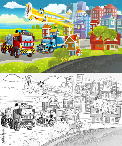 cartoon scene with sketch of the middle of a city with car driving by - illustration © honeyflavour