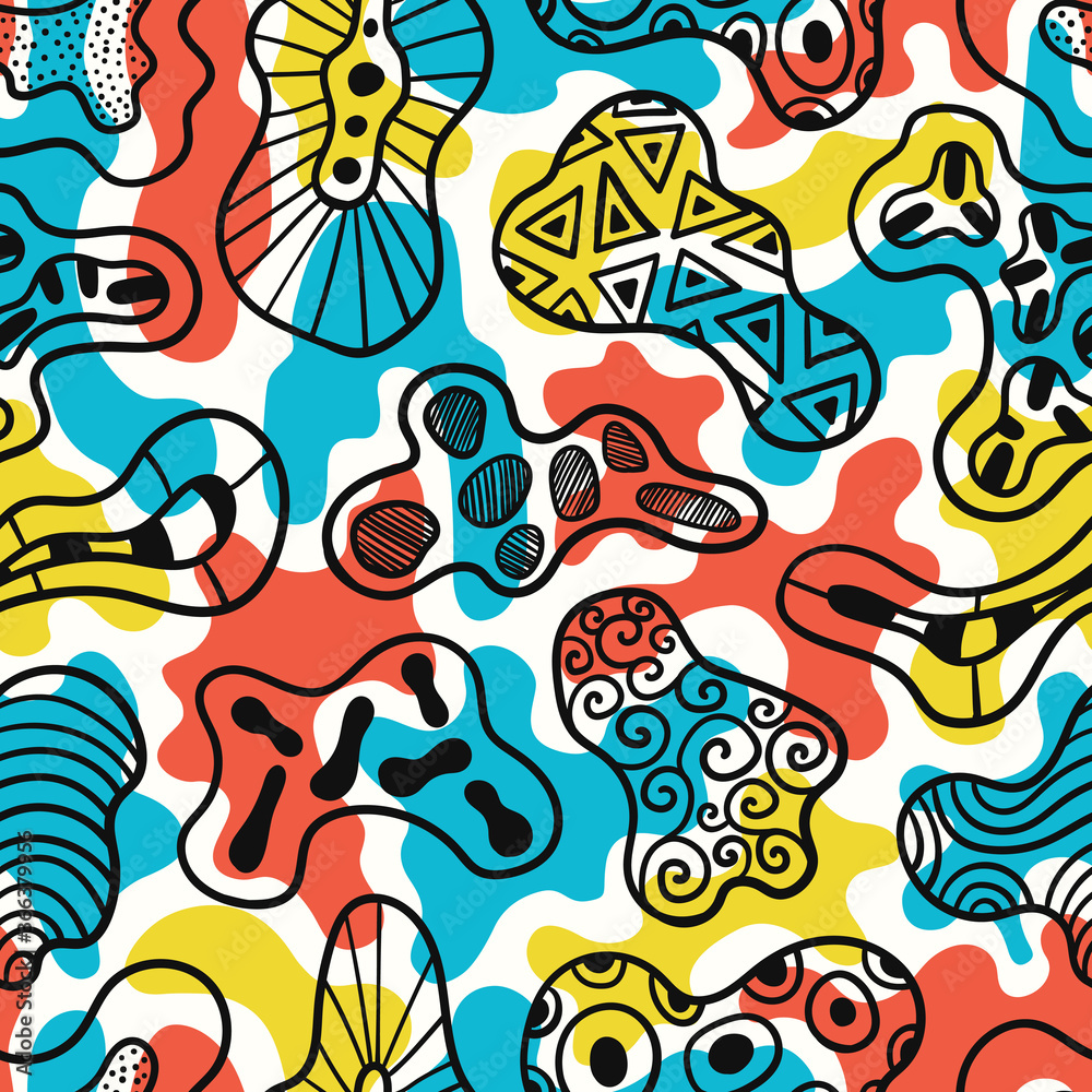 vector doodle black lines on three color freeform seamless pattern