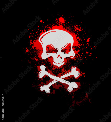 Skull red with bones. Bloody stains. Vector illustration