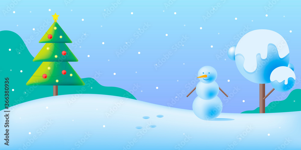 Nature, winter landscape with forest, trees, fir, snowman and snowflakes. Vector flat illustrations.