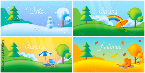 Landscape four seasons - winter, spring, summer, autumn with lawn, trees. Vector flat illustrations.