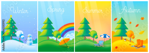 Landscape four seasons - winter, spring, summer, autumn with lawn, trees. Vector flat illustrations.