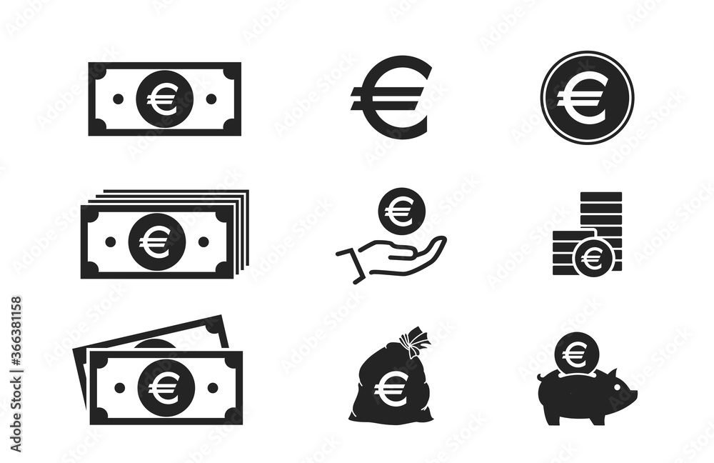 euro banknotes, coins and money icons. financial infographic elements and symbols for web design - obrazy, fototapety, plakaty 