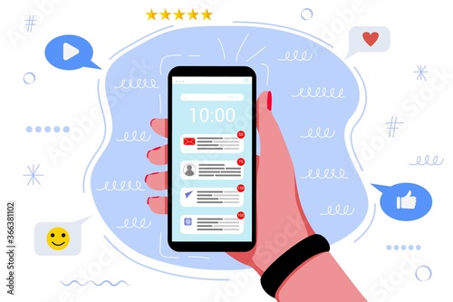 Many notifications in the mobile phone Online distractions chaos messages Notifications Digital technology and communication vector illustration concept