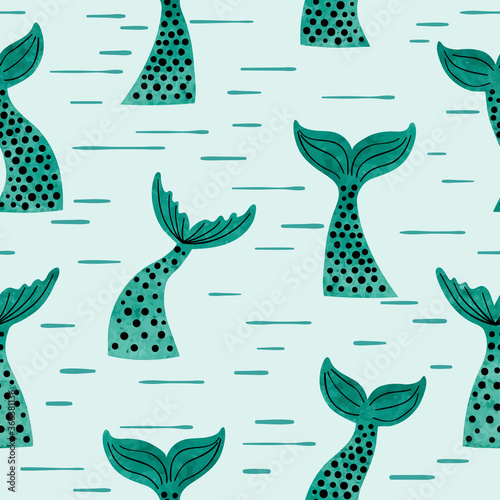 Seamless watercolor mermaid tails pattern. Textile, fabric design.