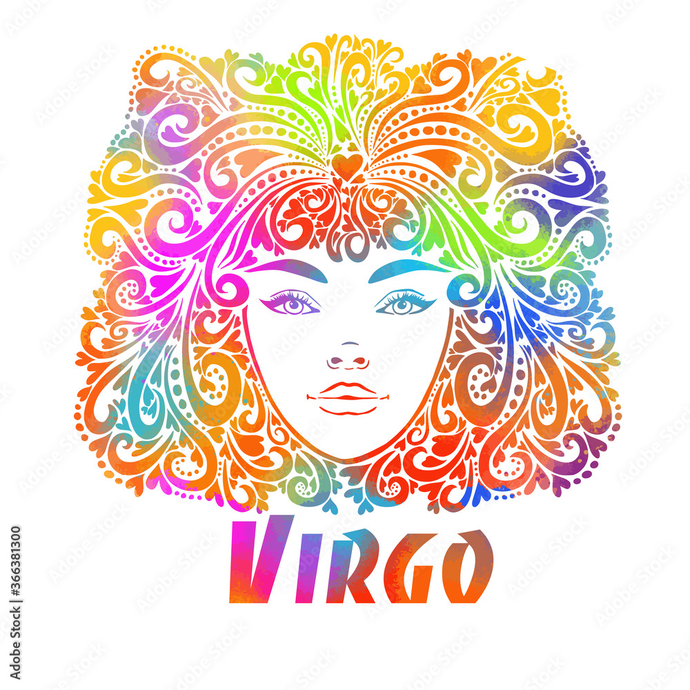 Sign of the maiden zodiac. The colorful face of a beautiful girl. T-shirt printing. Mixed media. Vector illustration
