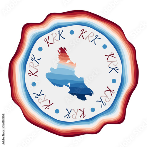 Krk badge. Map of the island with beautiful geometric waves and vibrant red blue frame. Vivid round Krk logo. Vector illustration.