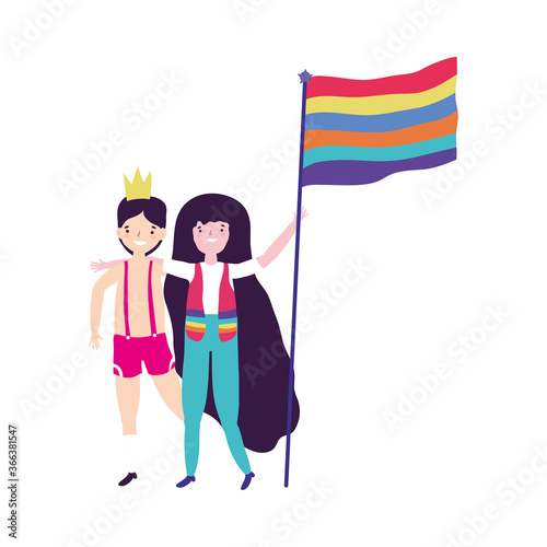 pride parade lgbt community, man and woman with crown and flag