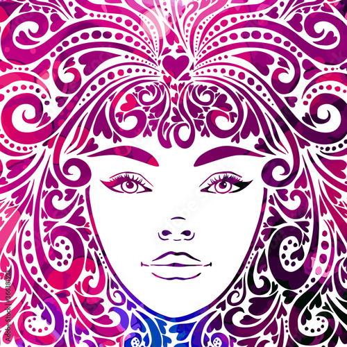 The stylized face of a beautiful girl full-face. Girl With Purple Hair. T-shirt printing. Mixed media. Vector illustration