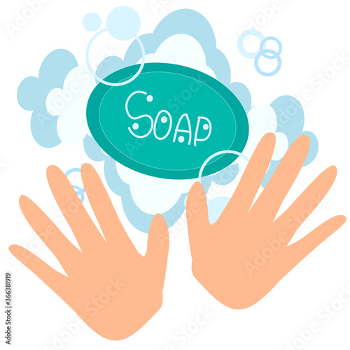 hands and soap with foam on white background
