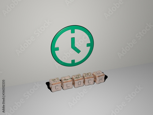 3D graphical image of clock vertically along with text built by metallic cubic letters from the top perspective, excellent for the concept presentation and slideshows. illustration and background photo