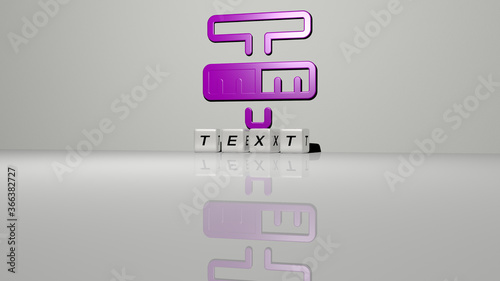 3D representation of TEXT with icon on the wall and text arranged by metallic cubic letters on a mirror floor for concept meaning and slideshow presentation. illustration and background