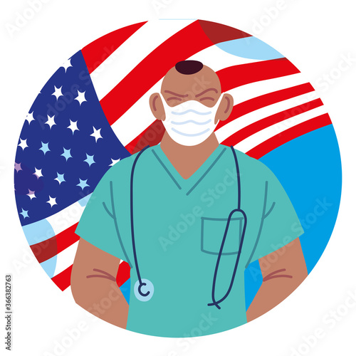 Man doctor with medical mask and usa fag vector design