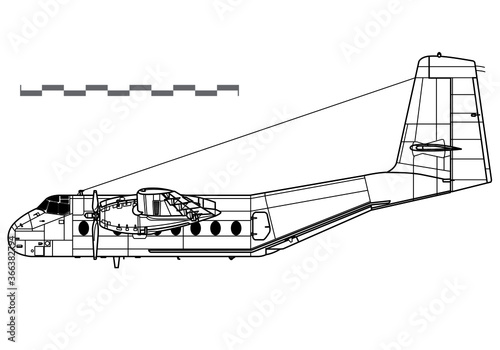 de Havilland Canada DHC-4, C-7 Caribou. Vector drawing of STOL transport aircraft. Side view. Image for illustration and infographics.
