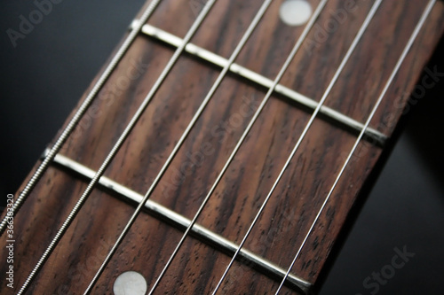 close up of guitar fret and strings