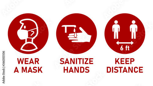 Round Instruction Signs with Basic Set of Measures against the Spread of Coronavirus Covid-19 including Wear a Mask, Sanitize Hands and Keep Distance 6 ft or 6 Feet. Vector Image.