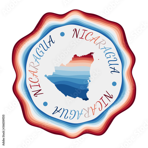 Nicaragua badge. Map of the country with beautiful geometric waves and vibrant red and blue frame. Vivid round Nicaragua logo. Vector illustration.