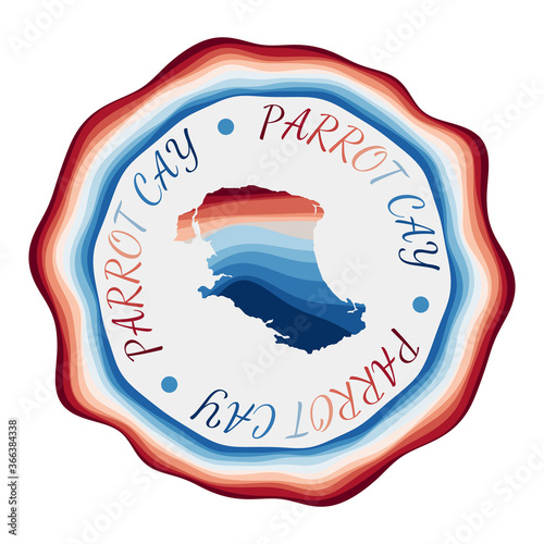 Parrot Cay badge. Map of the island with beautiful geometric waves and vibrant red blue frame. Vivid round Parrot Cay logo. Vector illustration.