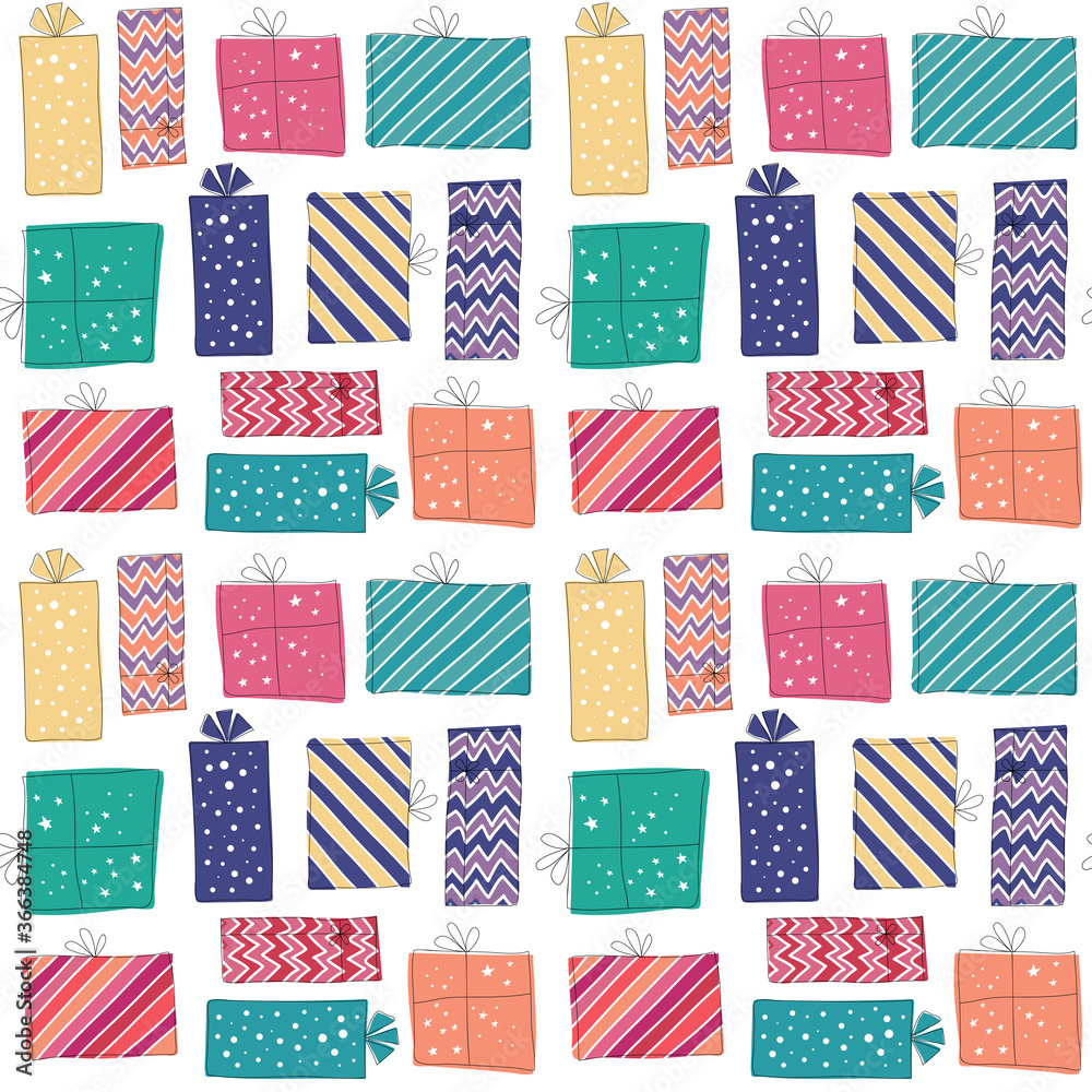 Cute party presents seamless pattern. Paper-wrapped gifts with ribbons and bows in fun and colorful colors. christmas, birthday and new year.