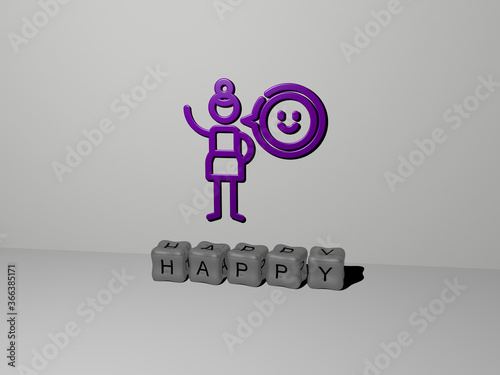 3D representation of HAPPY with icon on the wall and text arranged by metallic cubic letters on a mirror floor for concept meaning and slideshow presentation. background and illustration photo