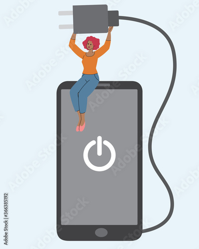 Digital Detox Concept. Happy black woman sit on smartphone screen. Unplugging the phone and being offline. Flat vector illustration.