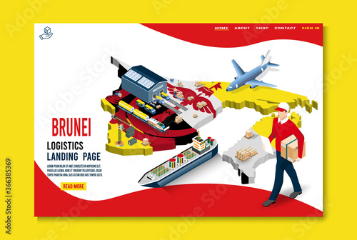 Modern isometric concept of Brunei Logistics Landing page with Global Logistics, Warehouse, Sea Freight. 
Easy to edit and customize. Vector illustration