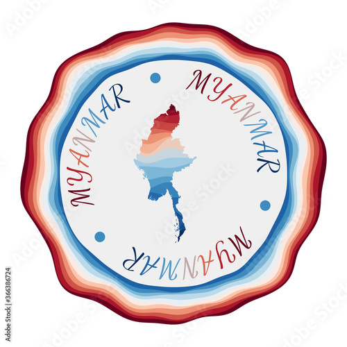 Myanmar badge. Map of the country with beautiful geometric waves and vibrant red blue frame. Vivid round Myanmar logo. Vector illustration.