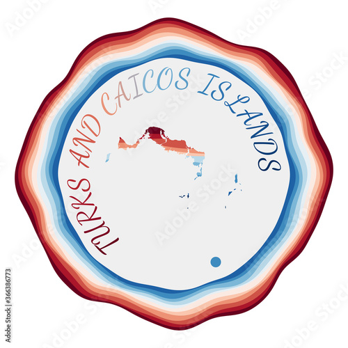 Turks and Caicos Islands badge. Map of the island with beautiful geometric waves and vibrant red blue frame. Vivid round Turks and Caicos Islands logo. Vector illustration.