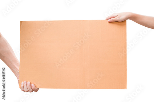 Two hand holding blank brown paper isolated on white background with clipping path © banphote