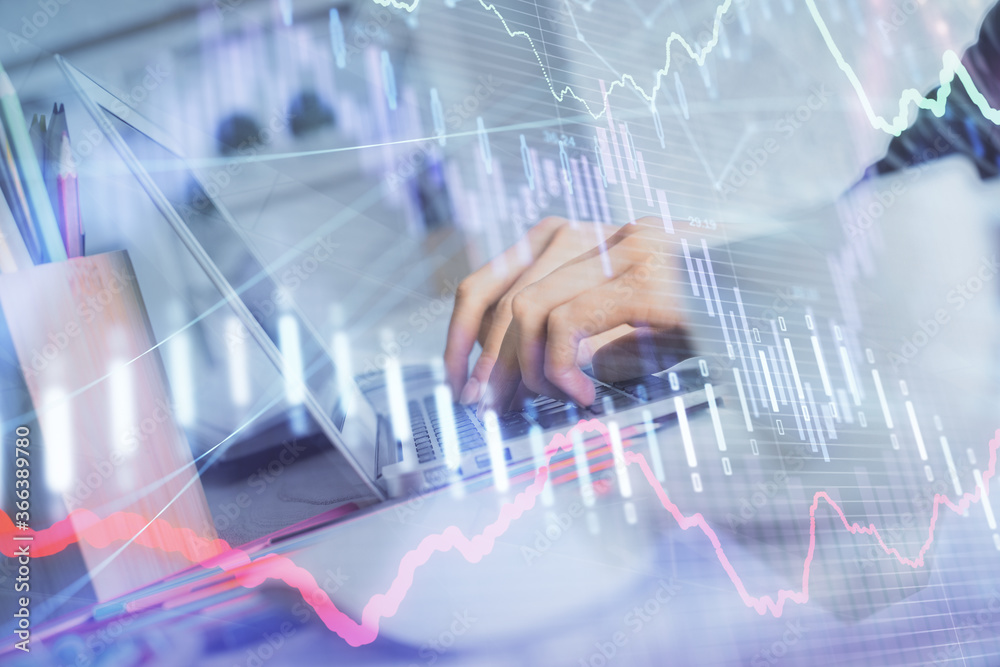 Double exposure of woman hands typing on computer and forex chart hologram drawing. Stock market invest concept. Double exposure of woman hands typing on computer and forex chart hologram drawing. Stock market invest concept.