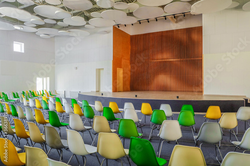 Canvas Print School assembly hall with stage for performance  and rows of seats