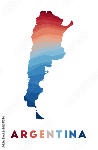 Argentina map. Map of the country with beautiful geometric waves in red blue colors. Vivid Argentina shape. Vector illustration.