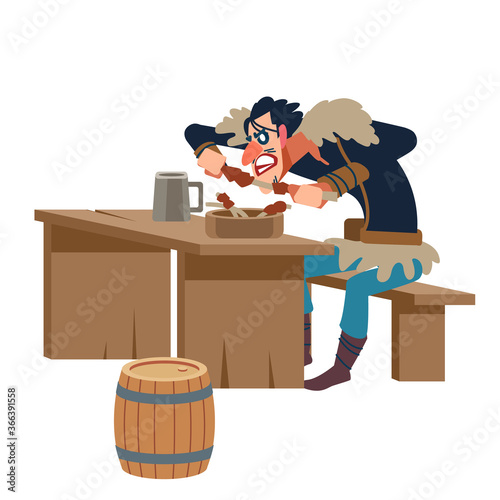 Viking. Warrior. Thin viking eats meat. Flat vector illustration.