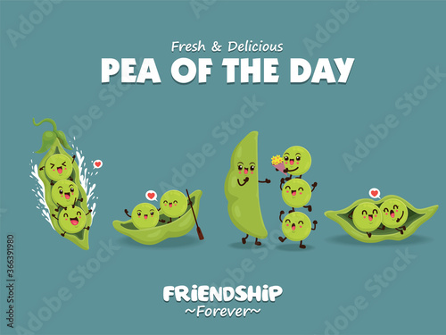 Vintage vegetable poster design with vector peas character.