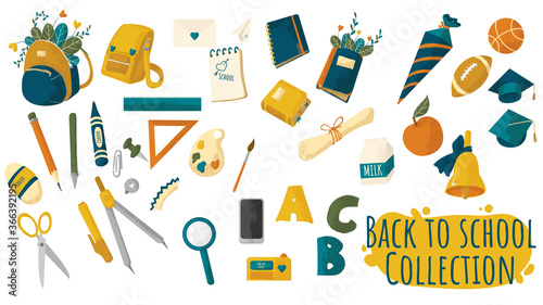 Back to school supplies for kids set. Colorful hand drawn vector illustrations of school stationary. Bundle of stickers with accessories for school. Fllat icon cartoons style with texture.