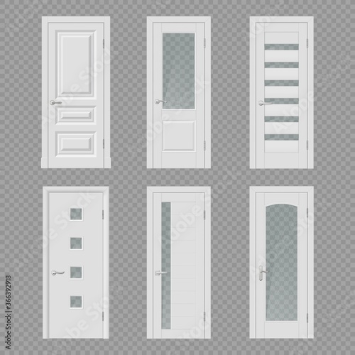 White interior door realistic mockups of vector room entrances and doorways with wooden frames, metal handles and glass panels. House, office, flat or hotel interior design objects