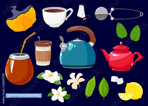 Tea icons isolated vector set of flowers, croissant, green or black tea plant and mint leaves. Cane sugar cubes and pack, teapot and cup. Lemon, potter and white blossoms with strainer cartoon objects