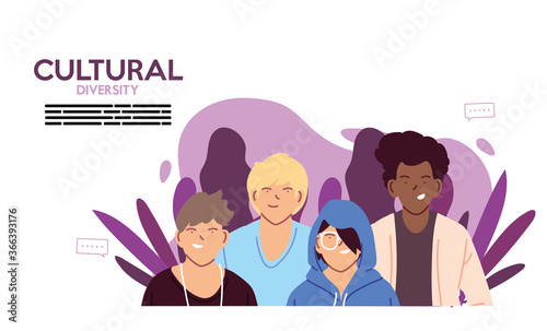 Men cartoons of cultural diversity with leaves vector design